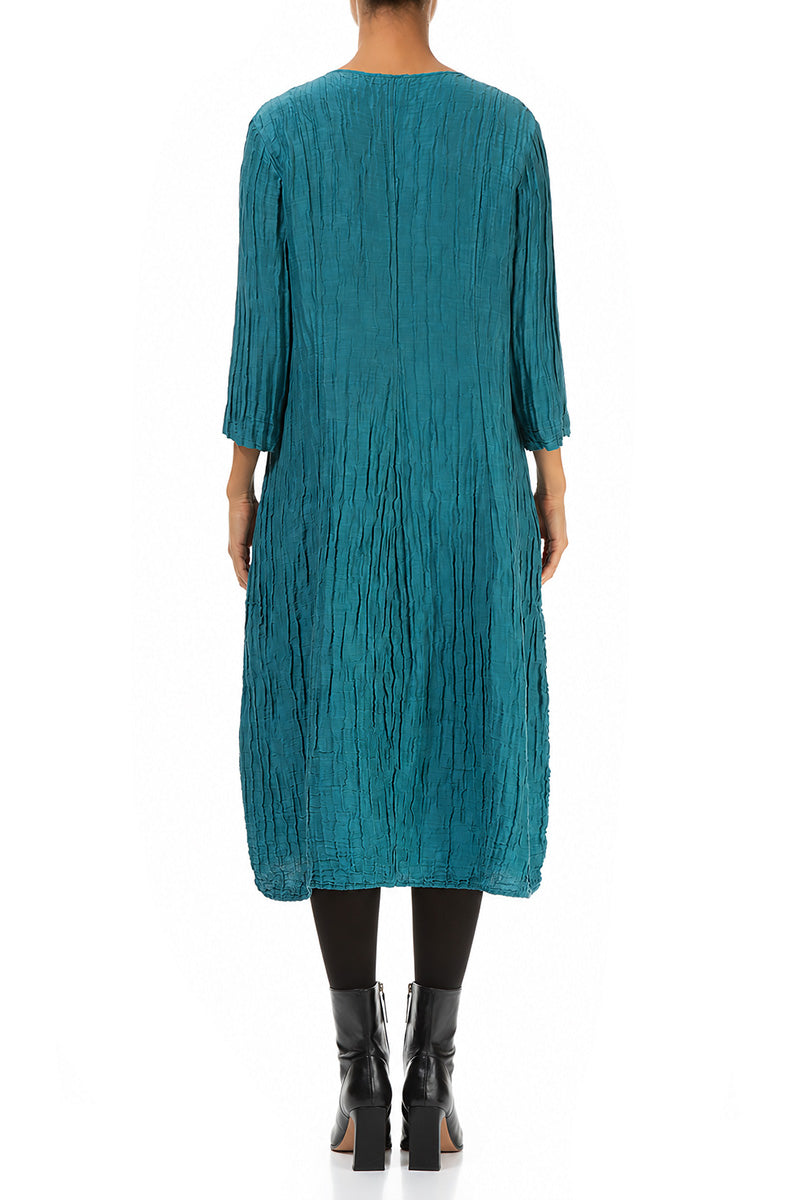 V-Neck Crinkled Turquoise Silk Linen Dress