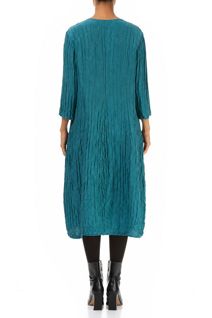 V-Neck Crinkled Turquoise Silk Linen Dress