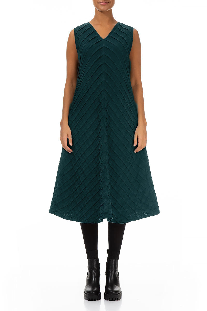 V-Neck Deep Turquoise Pleated Linen Dress 1