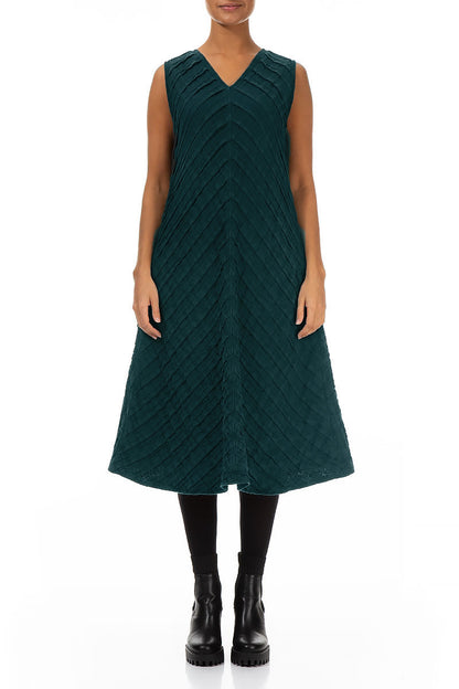 V-Neck Deep Turquoise Pleated Linen Dress