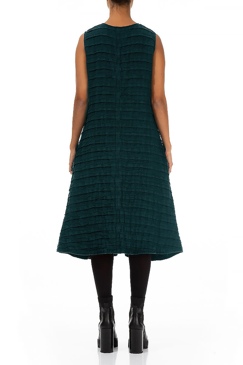 V-Neck Deep Turquoise Pleated Linen Dress 2
