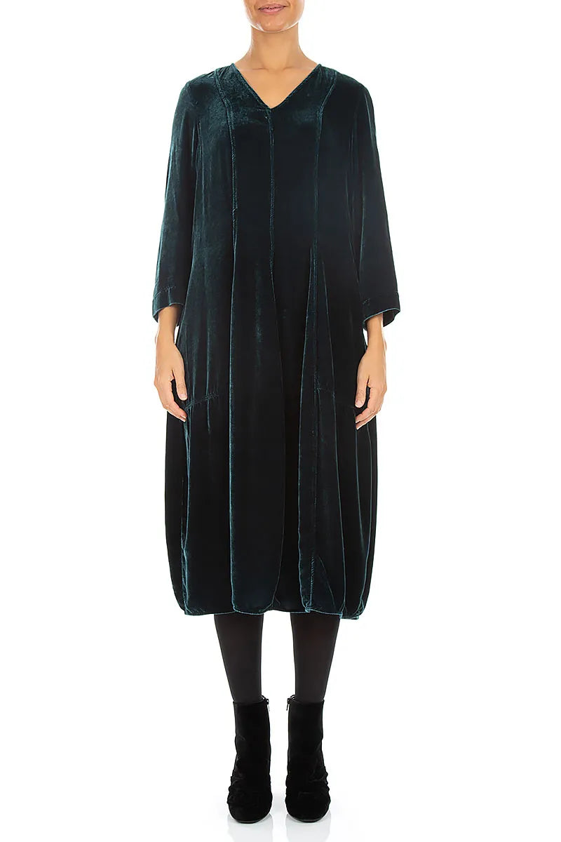 V-Neck Deep Turquoise Silk Velvet Dress