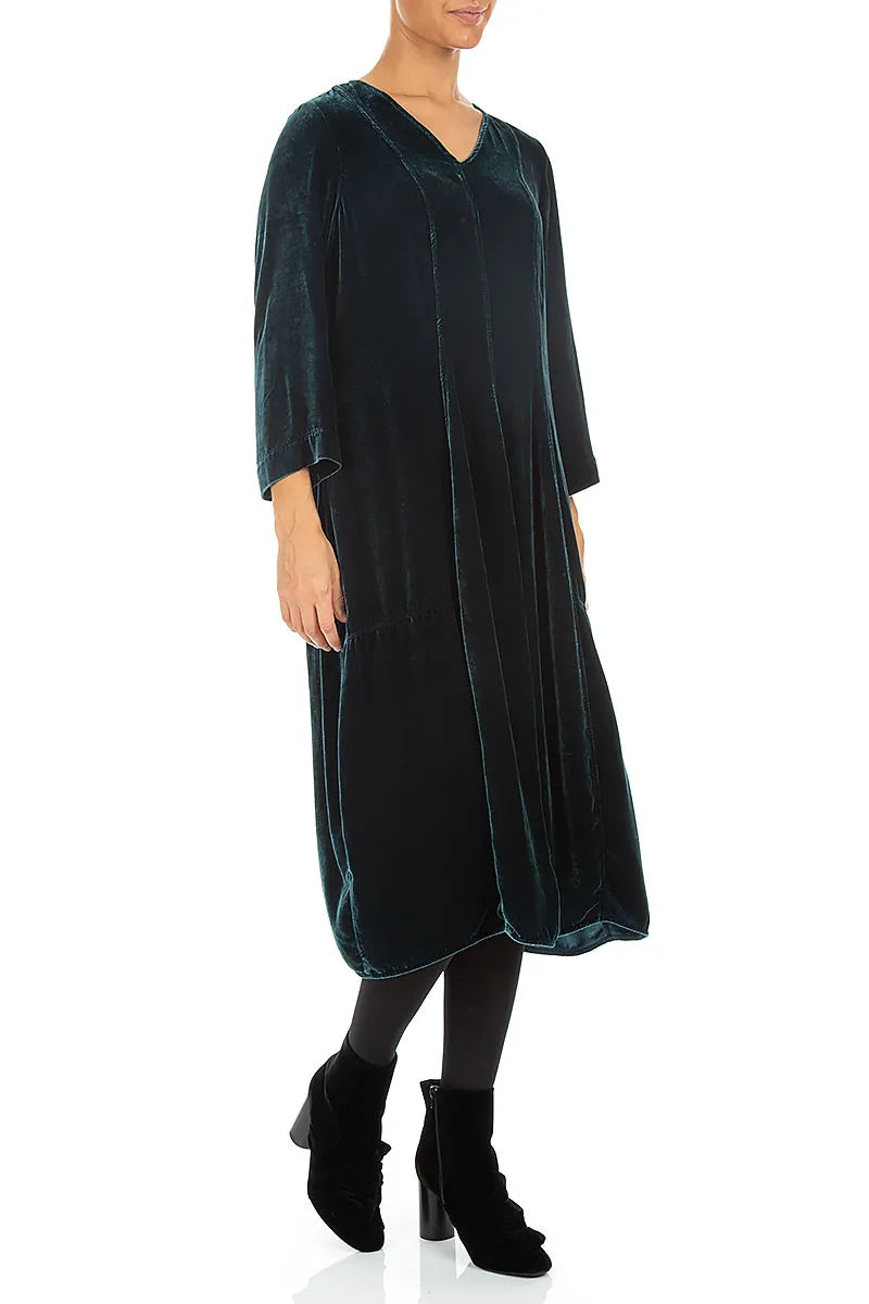 V-Neck Deep Turquoise Silk Velvet Dress