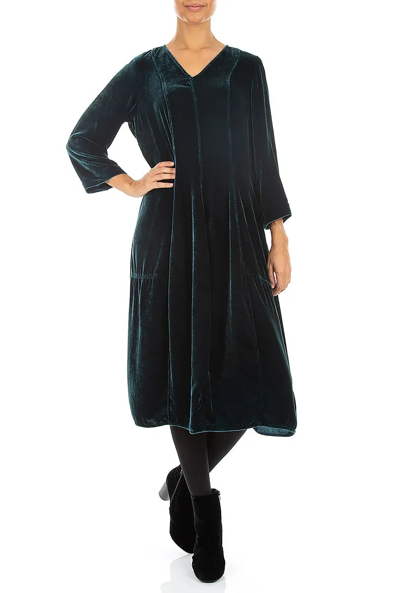 V-Neck Deep Turquoise Silk Velvet Dress