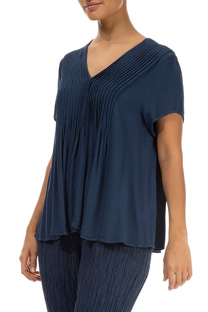 V-Neck Denim Blue Viscose Blouse