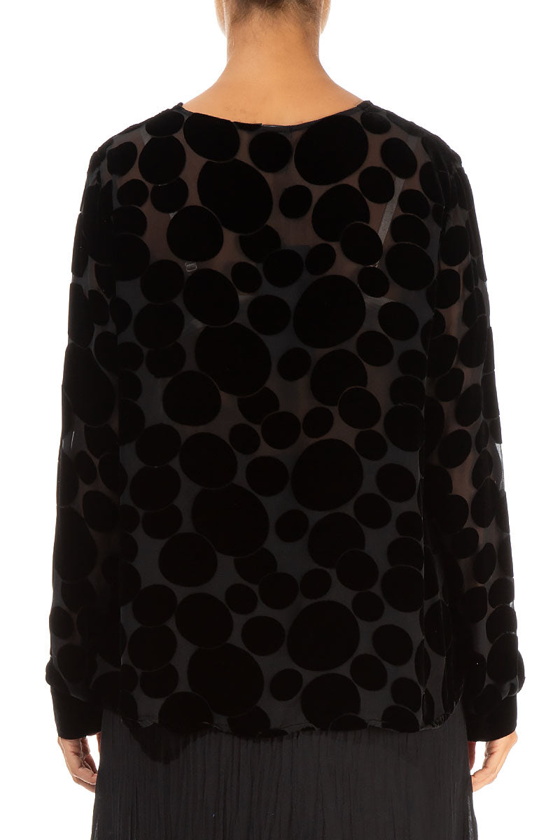 V-Neck Devoré Bubbles Black Silk Velvet Blouse