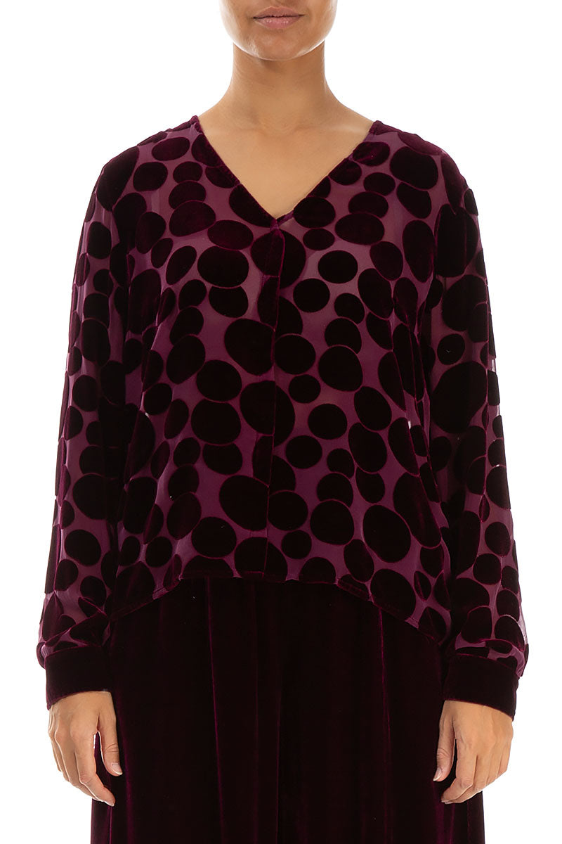 V-Neck Devoré Bubbles Magenta Silk Velvet Blouse