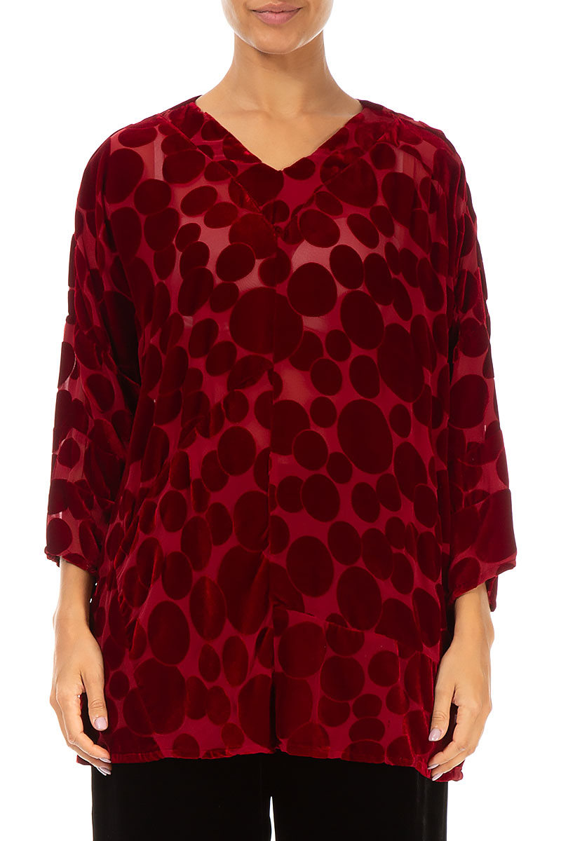 V-Neck Devoré Bubbles Red Silk Velvet Blouse