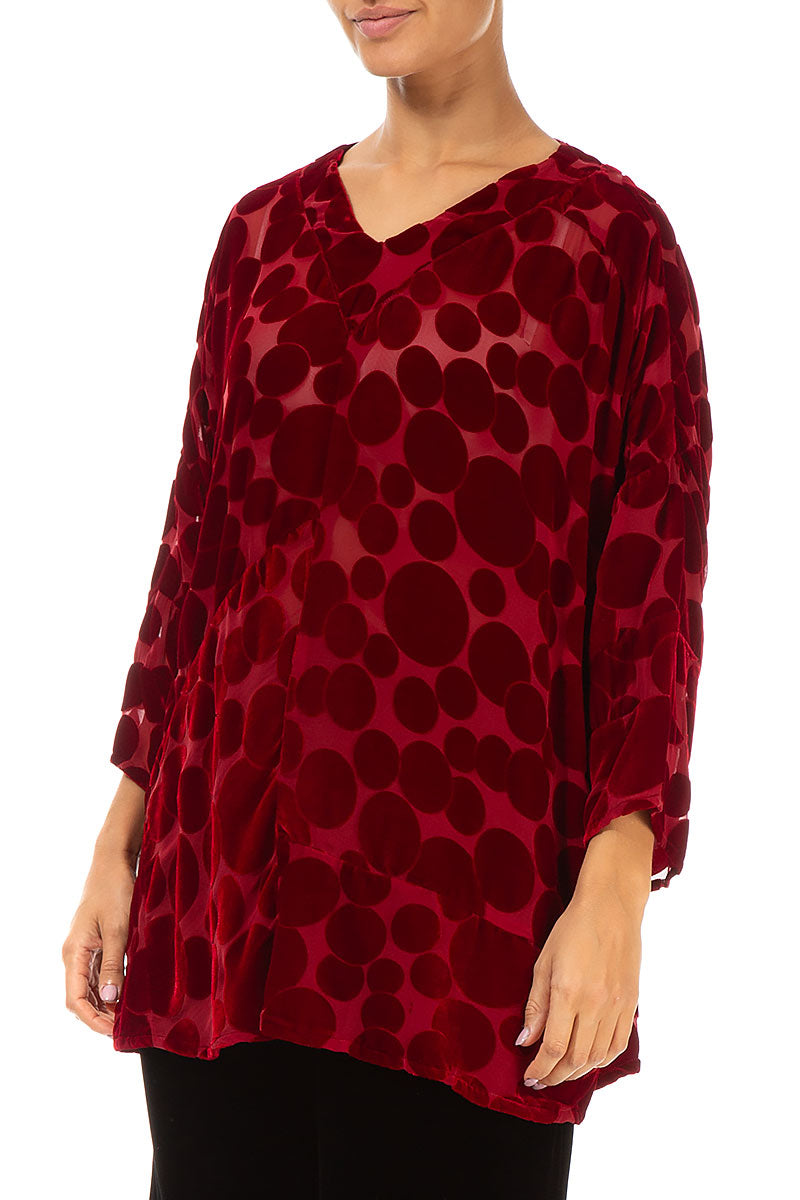 V-Neck Devoré Bubbles Red Silk Velvet Blouse