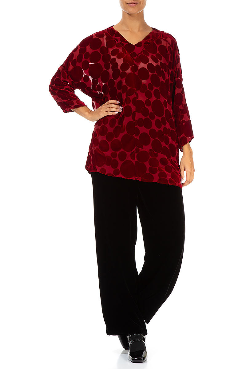 V-Neck Devoré Bubbles Red Silk Velvet Blouse