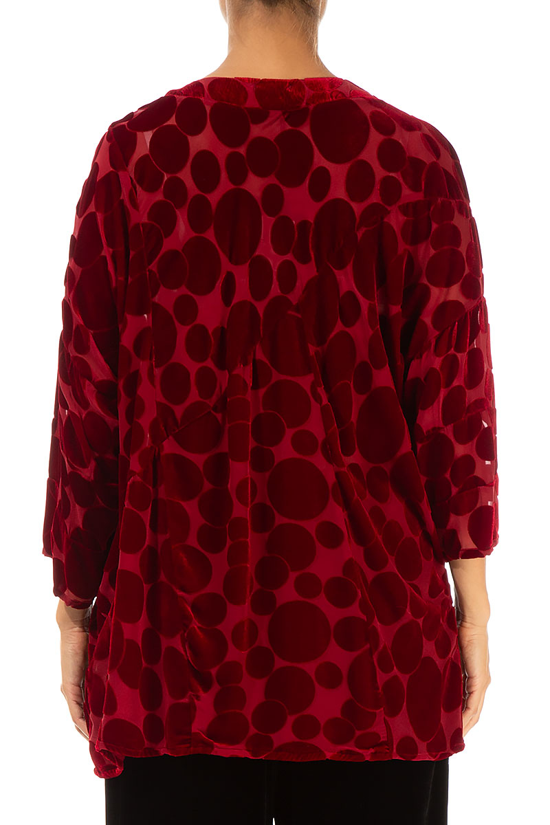 V-Neck Devoré Bubbles Red Silk Velvet Blouse