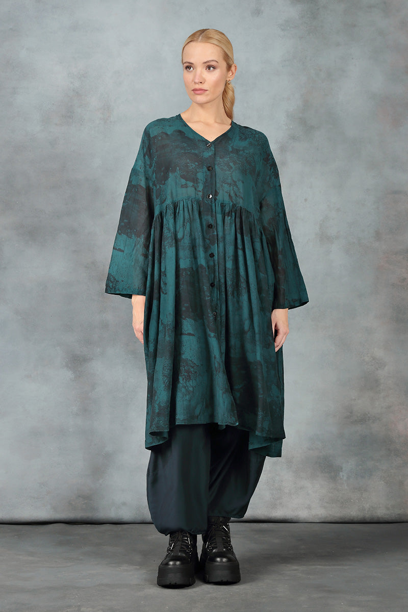 V-Neck Emerald Marble Silk Cotton Jacket Dress