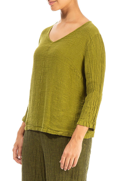 V-Neck Golden Lime Linen Viscose Blouse 3