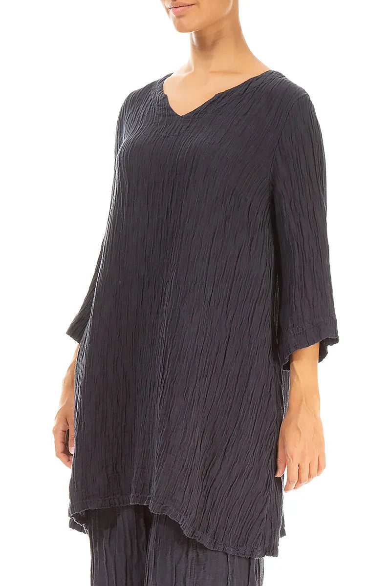 V-Neck Graphite Blue Crinkled Silk Tunic 3