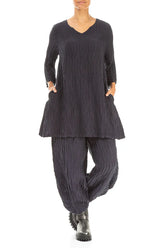 V-Neck Graphite Blue Crinkled Silk Tunic 4