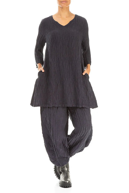 V-Neck Graphite Blue Crinkled Silk Tunic 4
