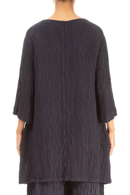 V-Neck Graphite Blue Crinkled Silk Tunic 2