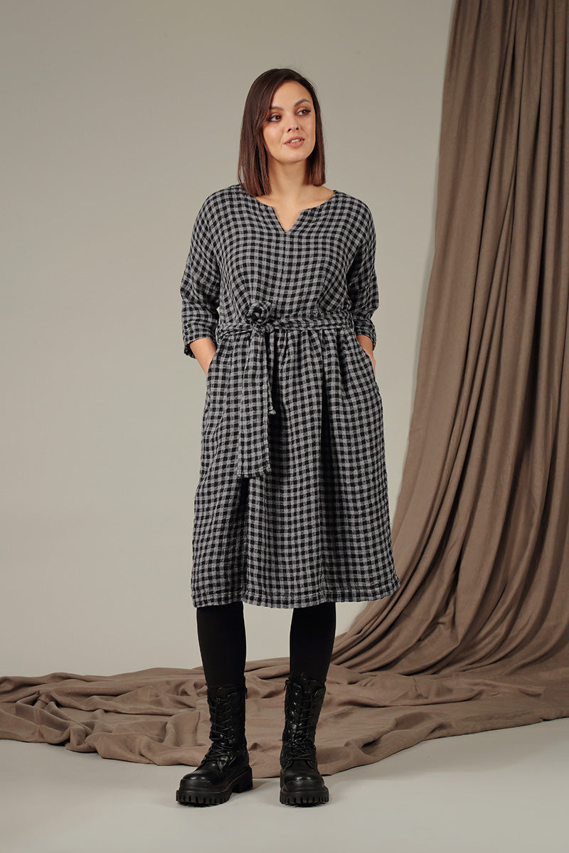 V-Neck Grey Check Linen Dress