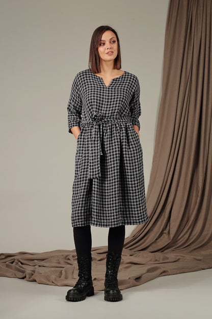 V-Neck Grey Check Linen Dress