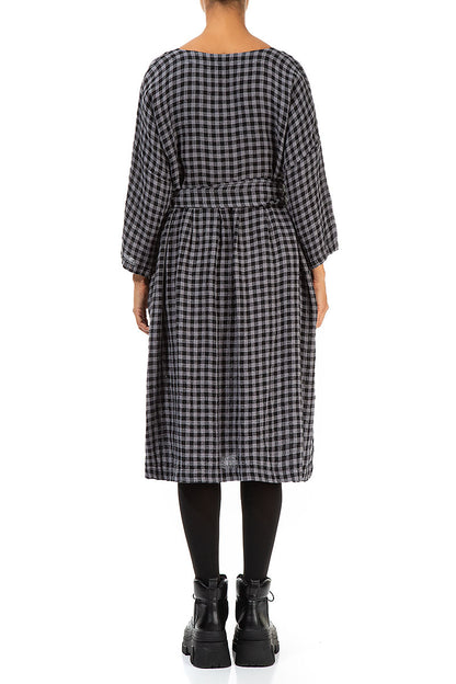 V-Neck Grey Check Linen Dress