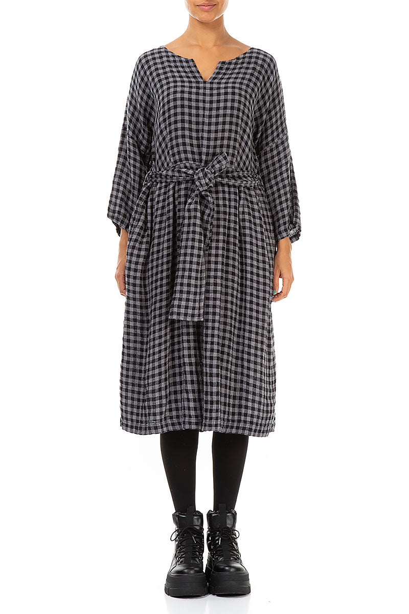 V-Neck Grey Check Linen Dress