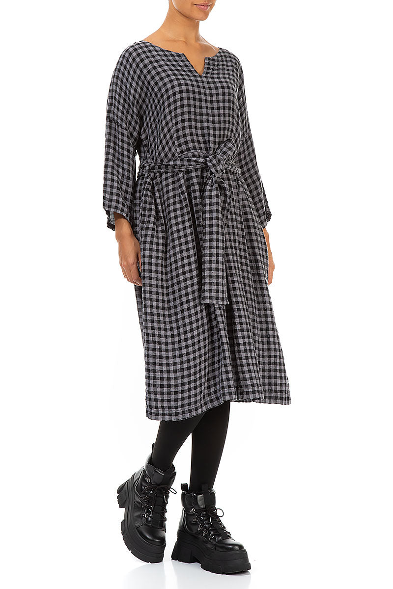 V-Neck Grey Check Linen Dress