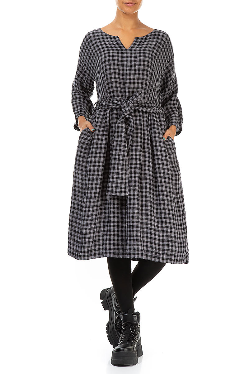 V-Neck Grey Check Linen Dress