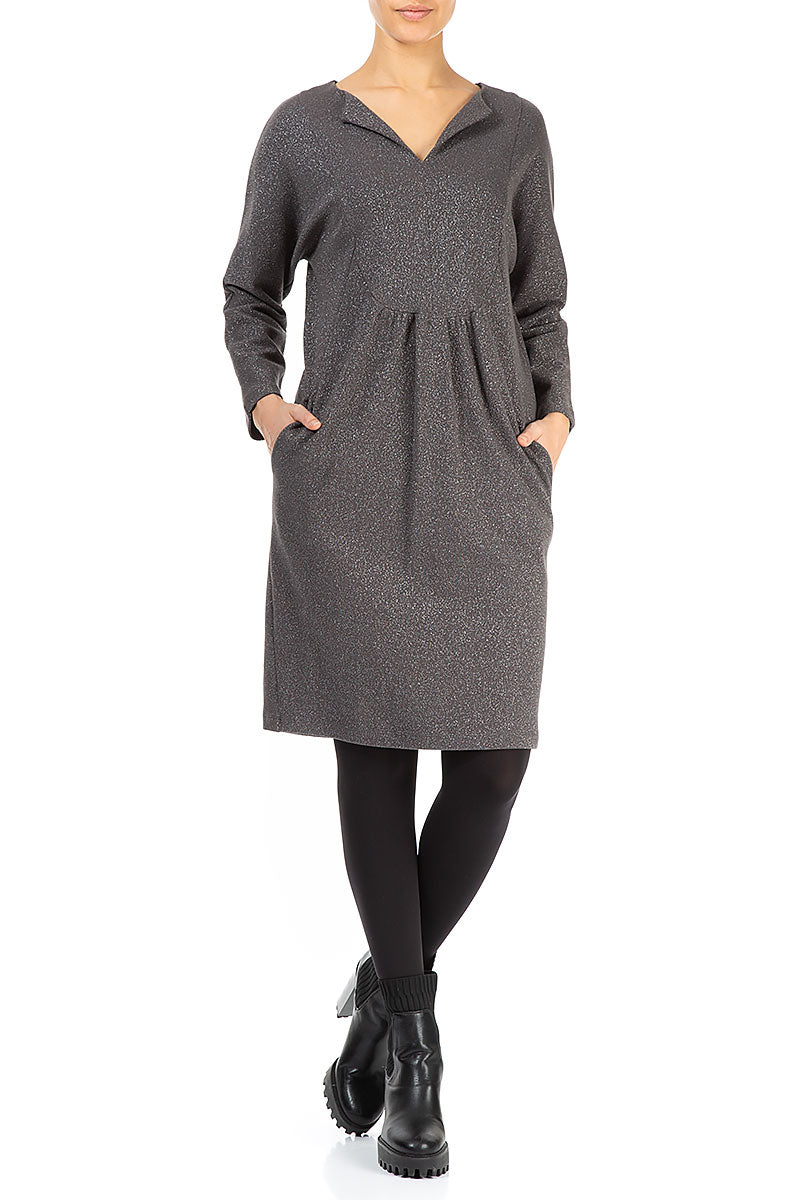 V-Neck Grey Glitter Cotton Dress