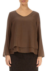 V-Neck Layered Aged Copper Silk Cotton Blouse 1