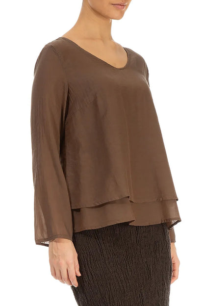 V-Neck Layered Aged Copper Silk Cotton Blouse 3