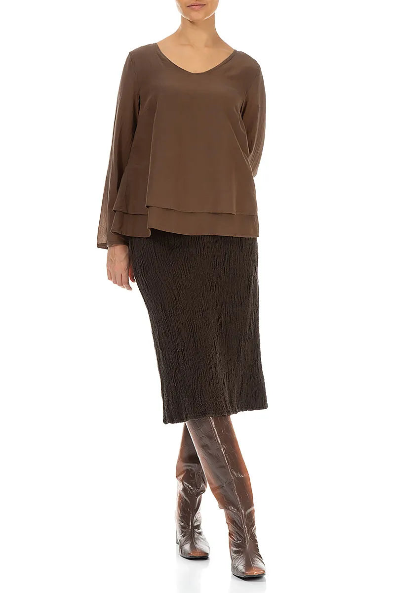 V-Neck Layered Aged Copper Silk Cotton Blouse 4