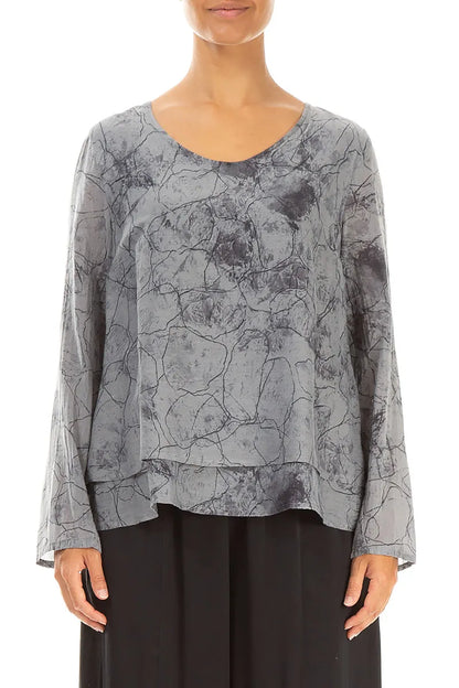 V-Neck Layered Silver Marble Silk Cotton Blouse 1