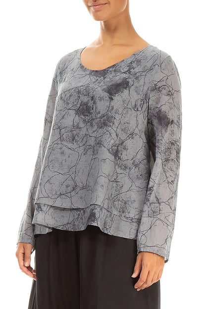 V-Neck Layered Silver Marble Silk Cotton Blouse 3