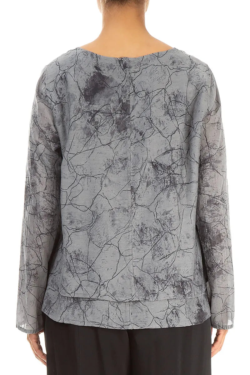 V-Neck Layered Silver Marble Silk Cotton Blouse 2