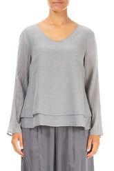 V-Neck Layered Silver Silk Cotton Blouse 1