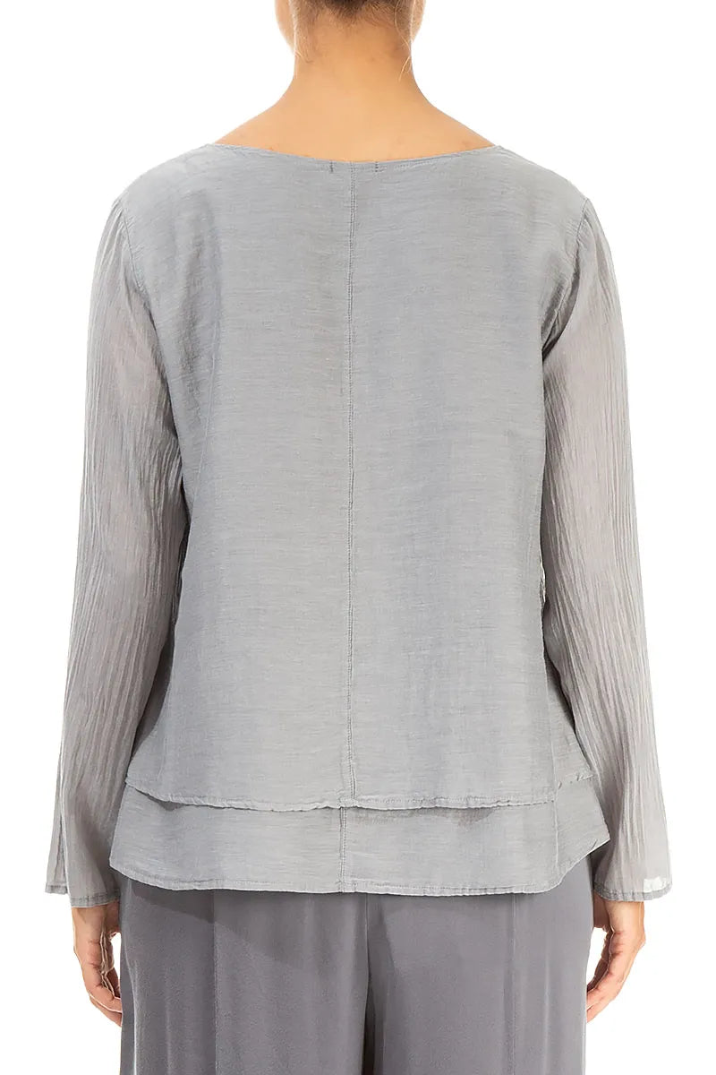 V-Neck Layered Silver Silk Cotton Blouse 2