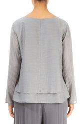 V-Neck Layered Silver Silk Cotton Blouse 2