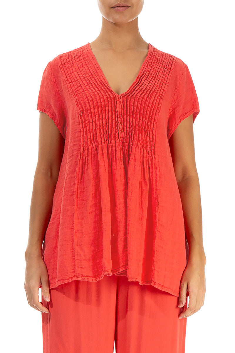 V-Neck Living Coral Crêpe Linen Blouse 1
