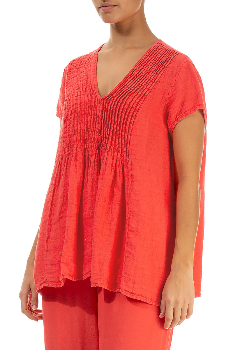V-Neck Living Coral Linen Blouse 3