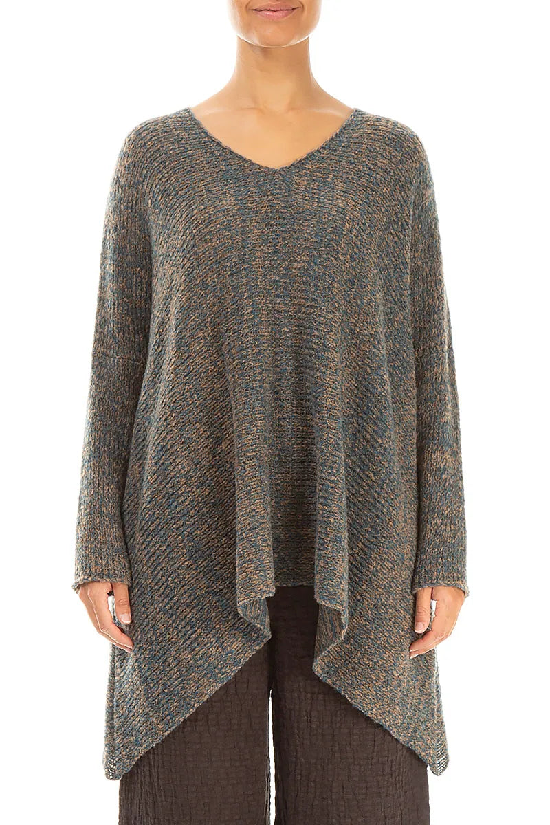 V-Neck Mélange Blue Caramel Wool Sweater 1
