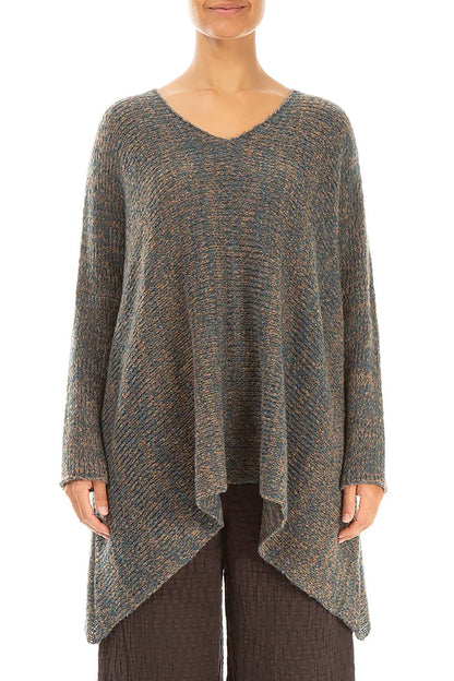V-Neck Mélange Blue Caramel Wool Sweater 1