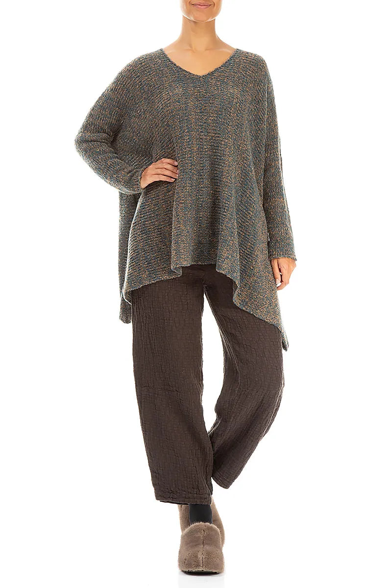 V-Neck Mélange Blue Caramel Wool Sweater 4