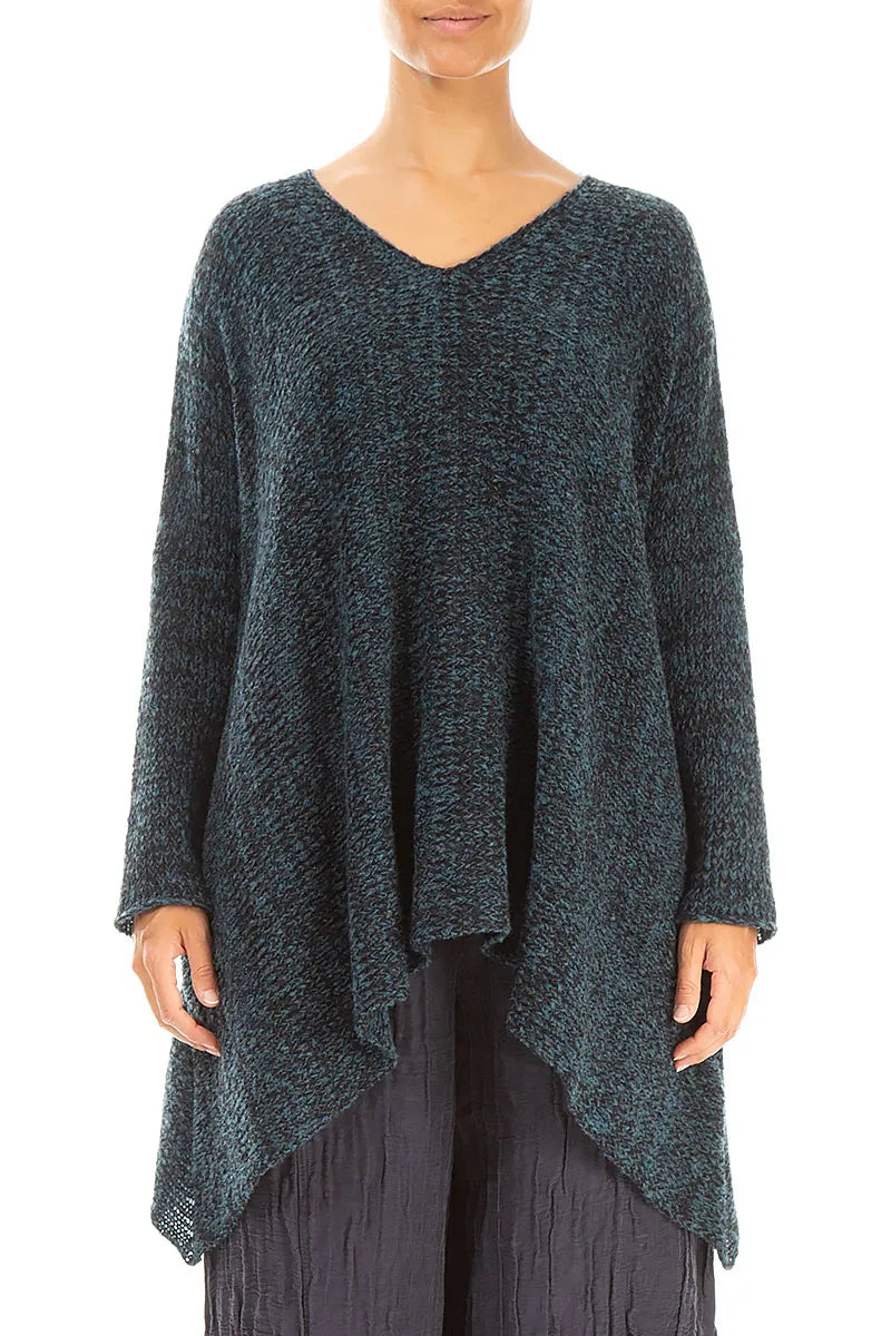 V-Neck Mélange Midnight Teal Wool Sweater 1