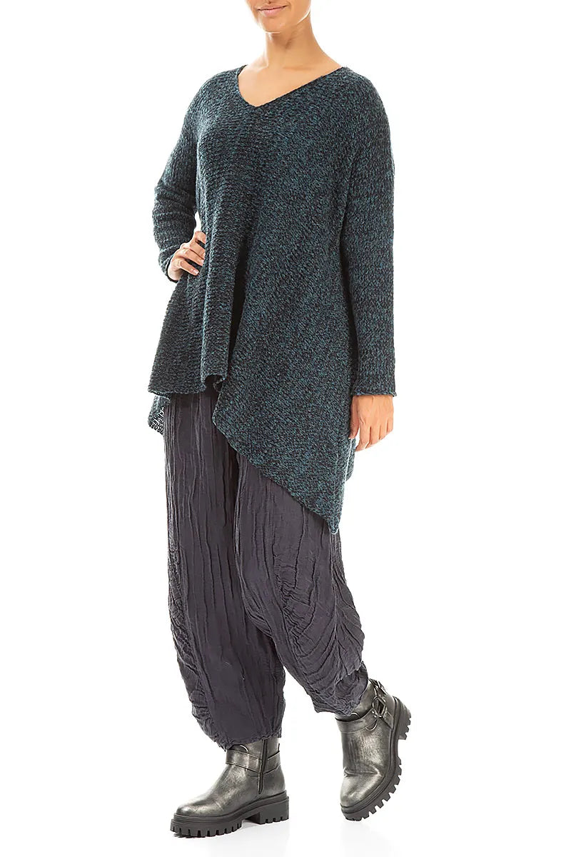 V-Neck Mélange Midnight Teal Wool Sweater 4