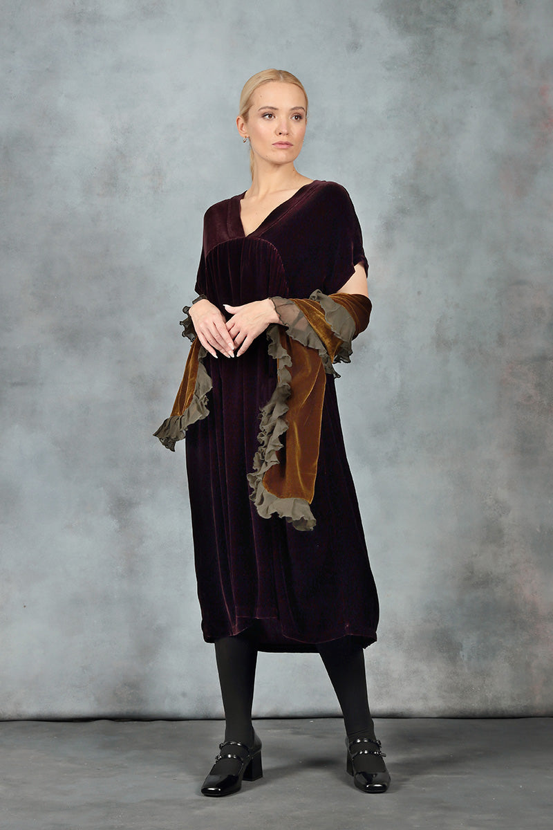 V-Neck Merlot Silk Velvet Dress 1