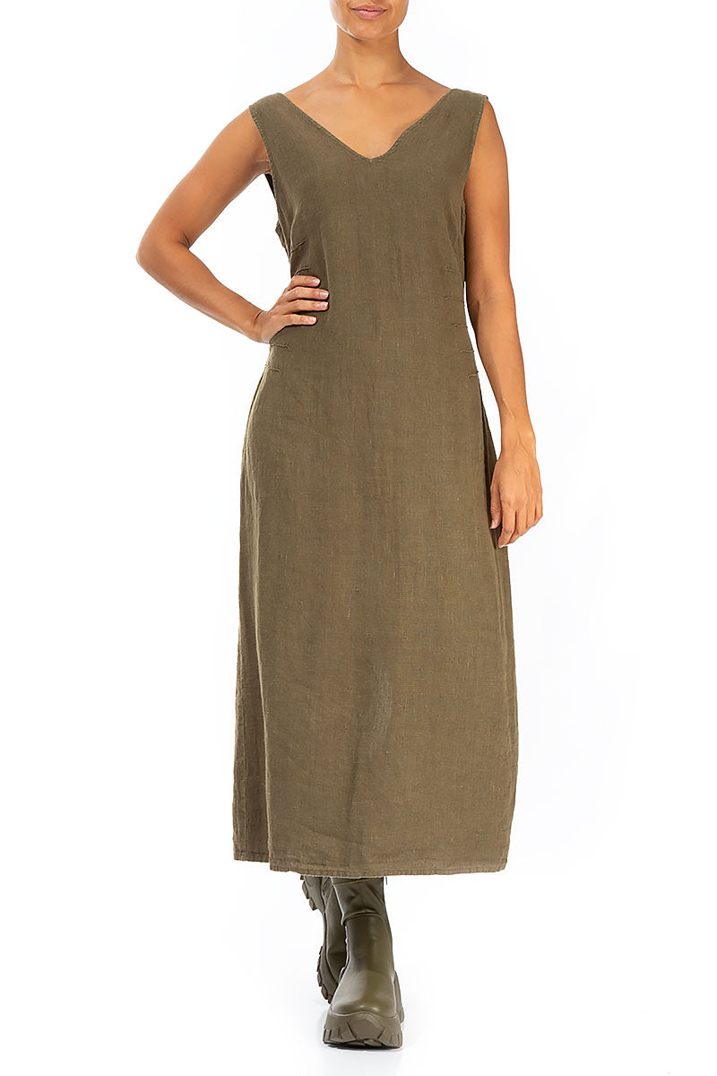 V-Neck Mustard Linen Dress