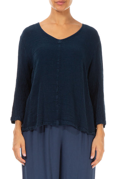 V-Neck Navy Linen Blouse