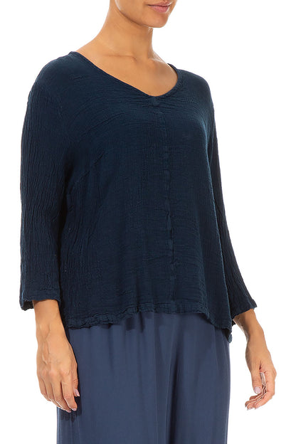 V-Neck Navy Linen Blouse