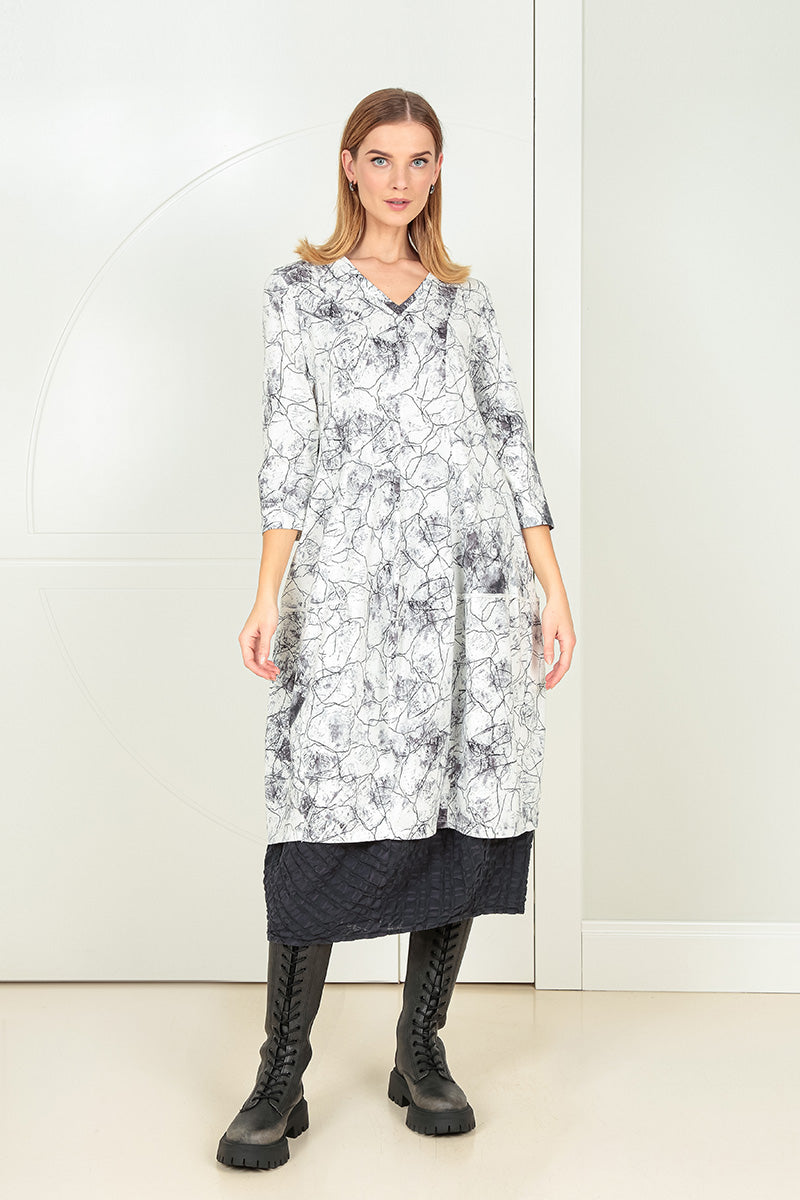 V-Neck Off White Marble Cotton Dress 6