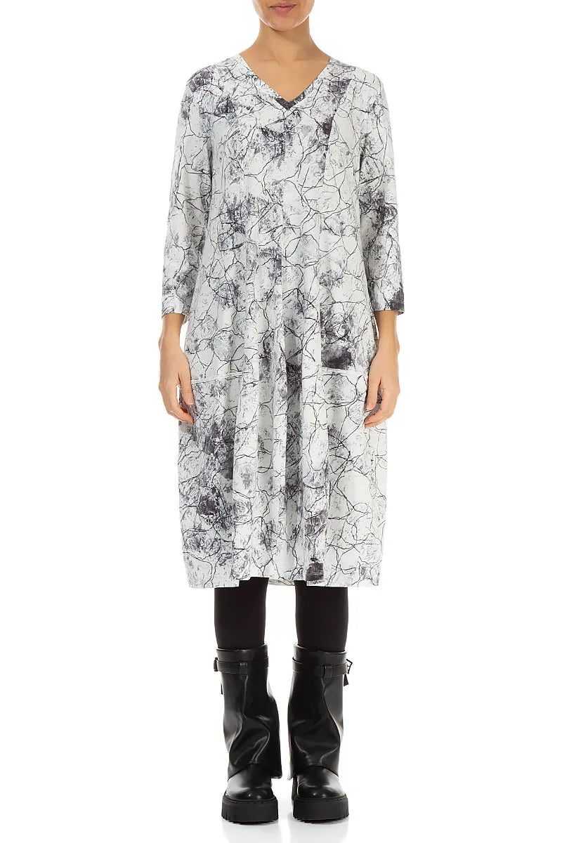 V-Neck Off White Marble Cotton Dress 1